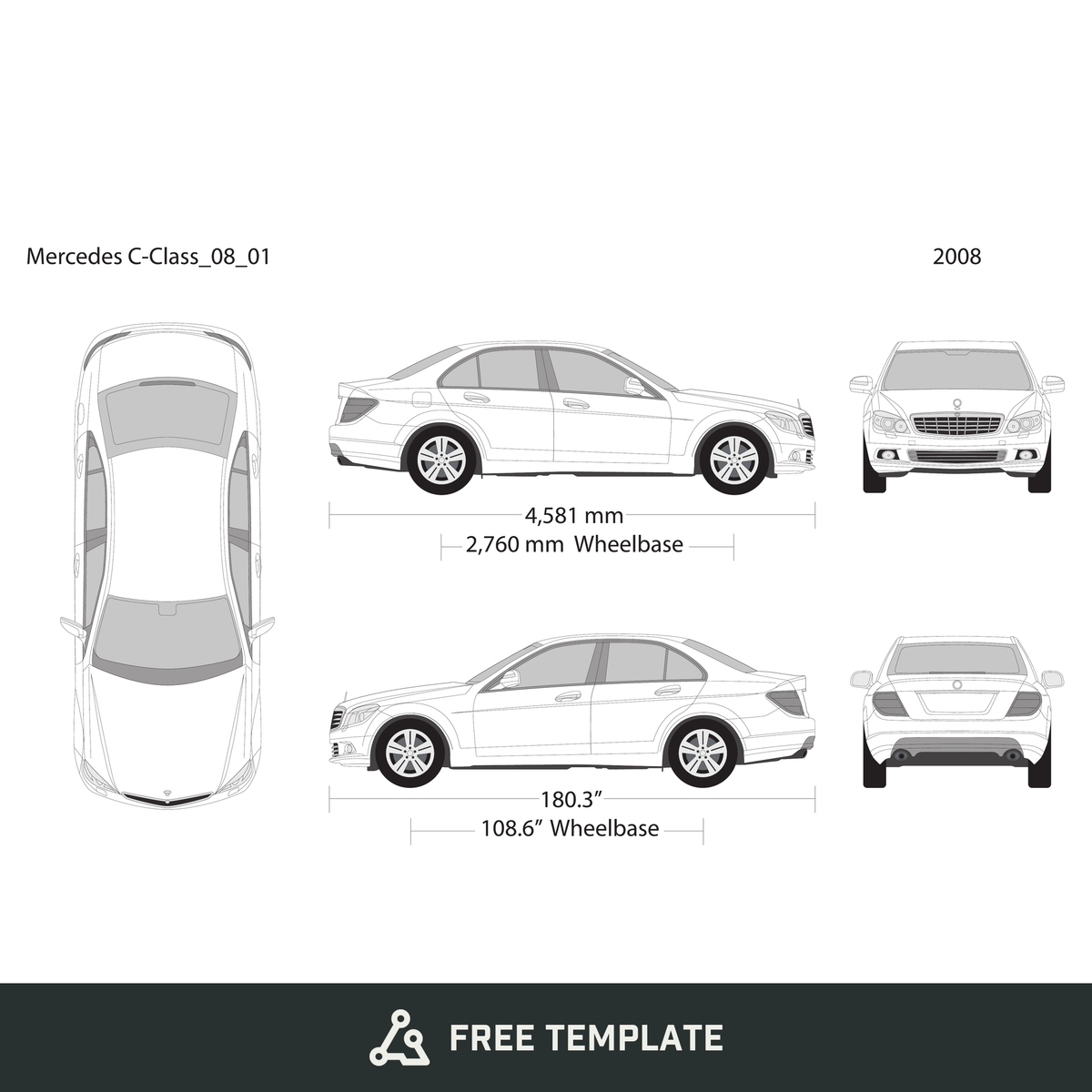 2008 Mercedes C-Class free vector vehicle wrap template - GravBase