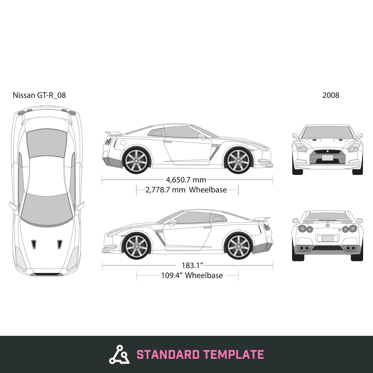 2008 Nissan GT-R vector wrap template, Design-Ready PDF - GravBase