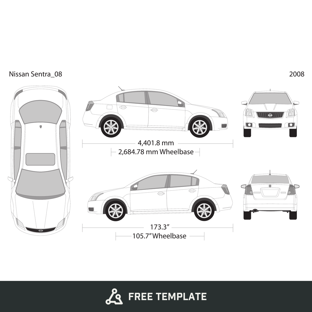 2008 Nissan Sentra free vector vehicle wrap template - GravBase