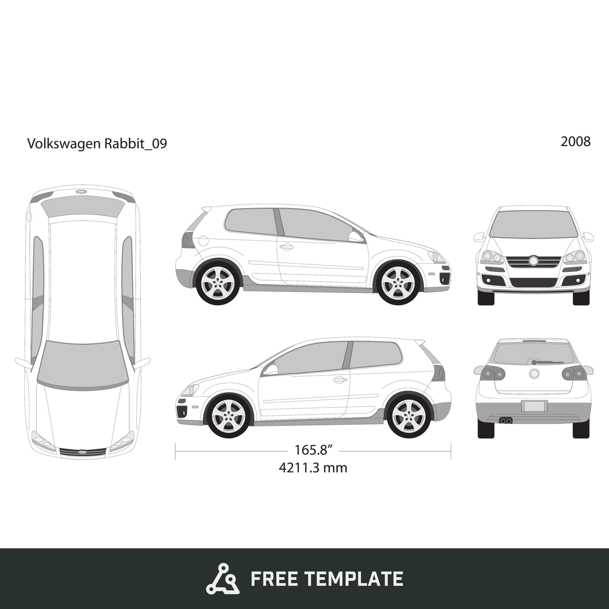 2008 Volkswagen Rabbit free vector vehicle wrap template - GravBase