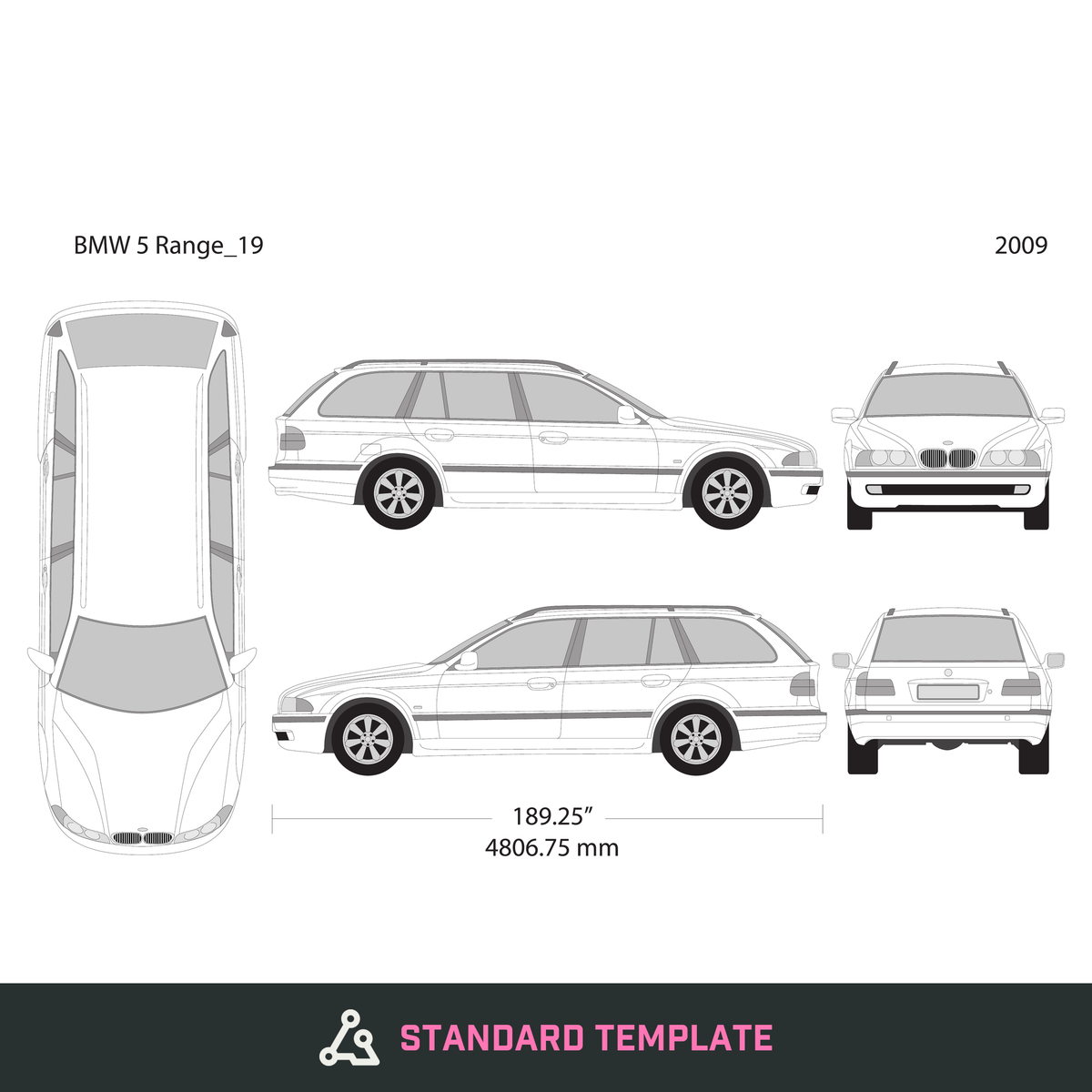2009 BMW 5 vector wrap template V19, Design-Ready PDF - GravBase