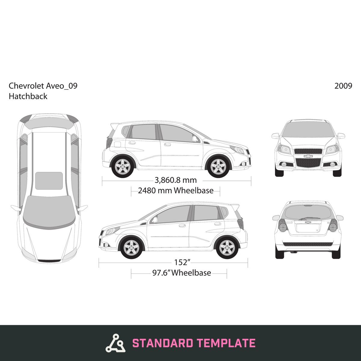 2009 Chevy Aveo Hatchback vector wrap template, Design-Ready PDF - GravBase