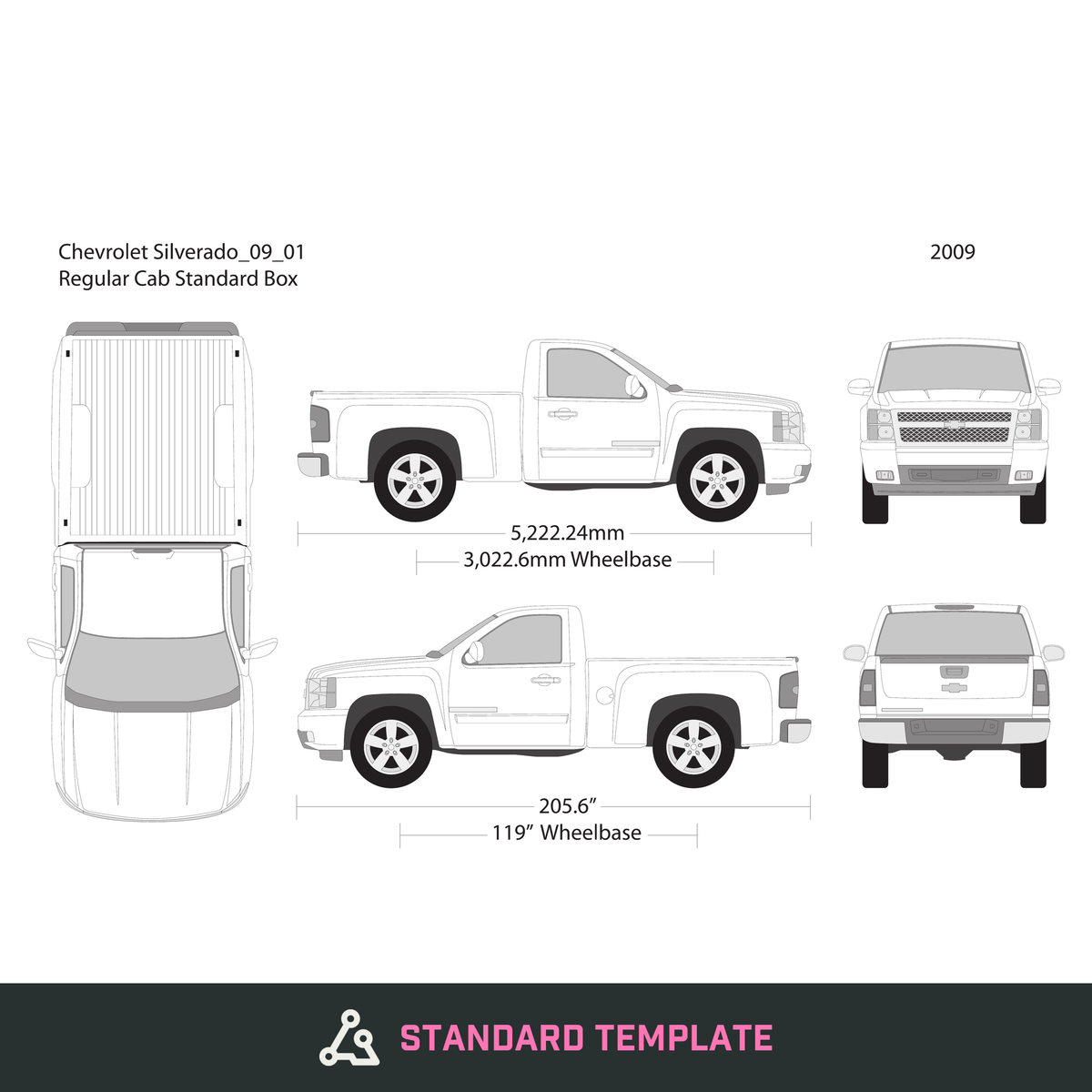 2009 Chevy Silverado 1500 vector wrap template V01, Design-Ready PDF - GravBase