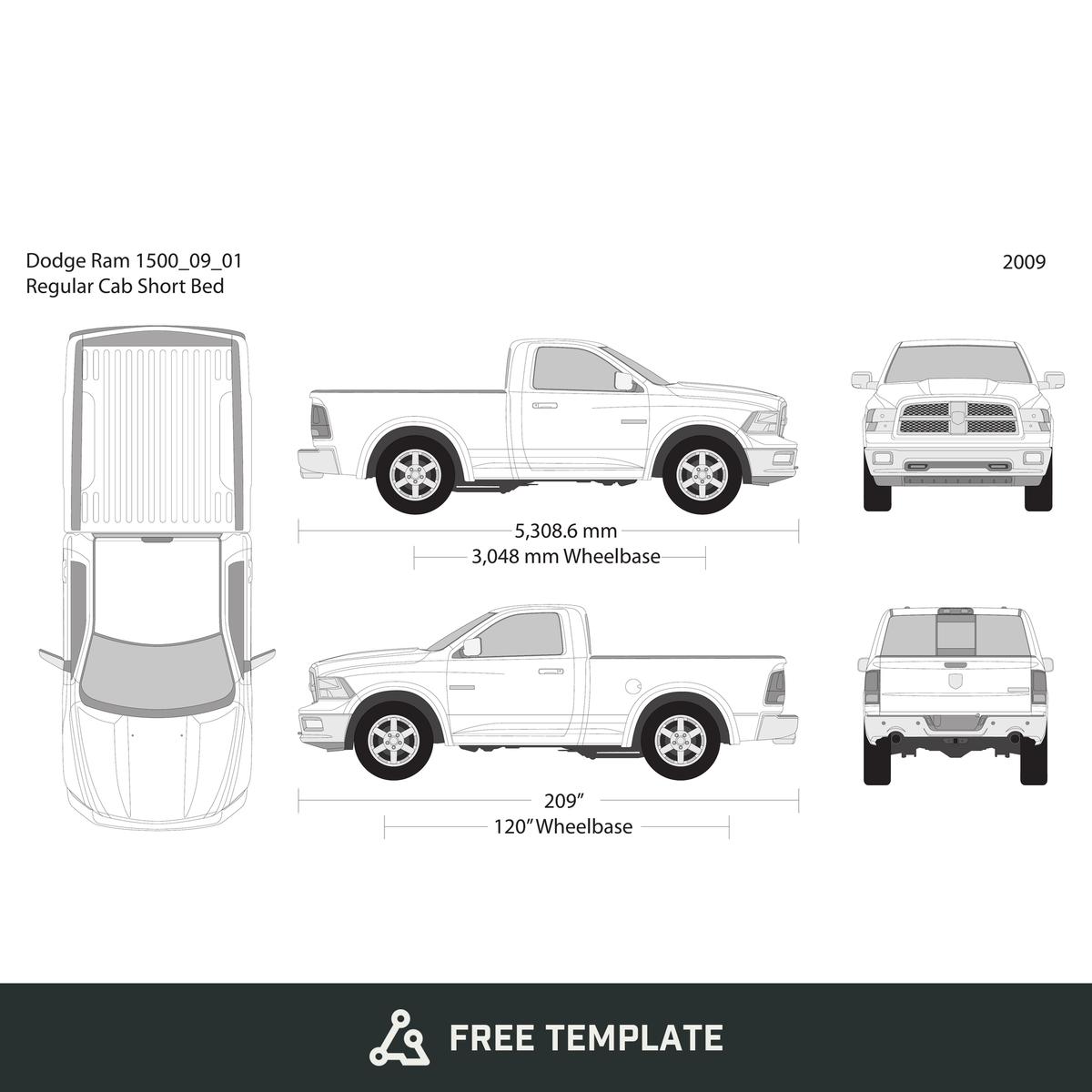 2009 Dodge Ram 1500 free vector vehicle wrap template - GravBase