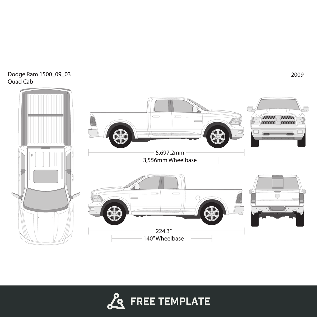 2009 Dodge Ram 1500 free vector vehicle wrap template - GravBase