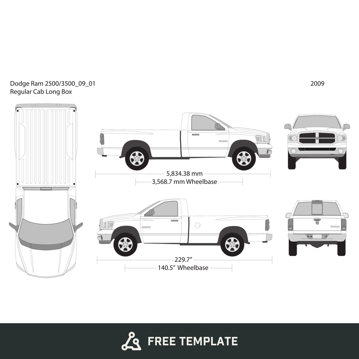 2009 Dodge Ram 2500_3500 free vector vehicle wrap template - GravBase