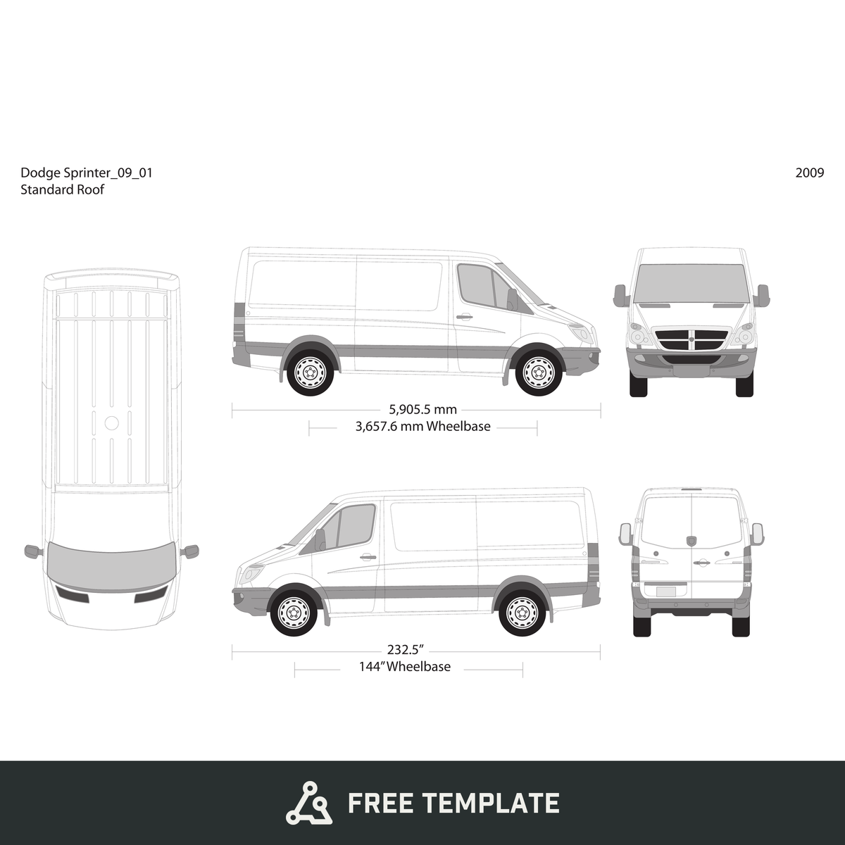 2009 Dodge Sprinter free vector vehicle wrap template - GravBase