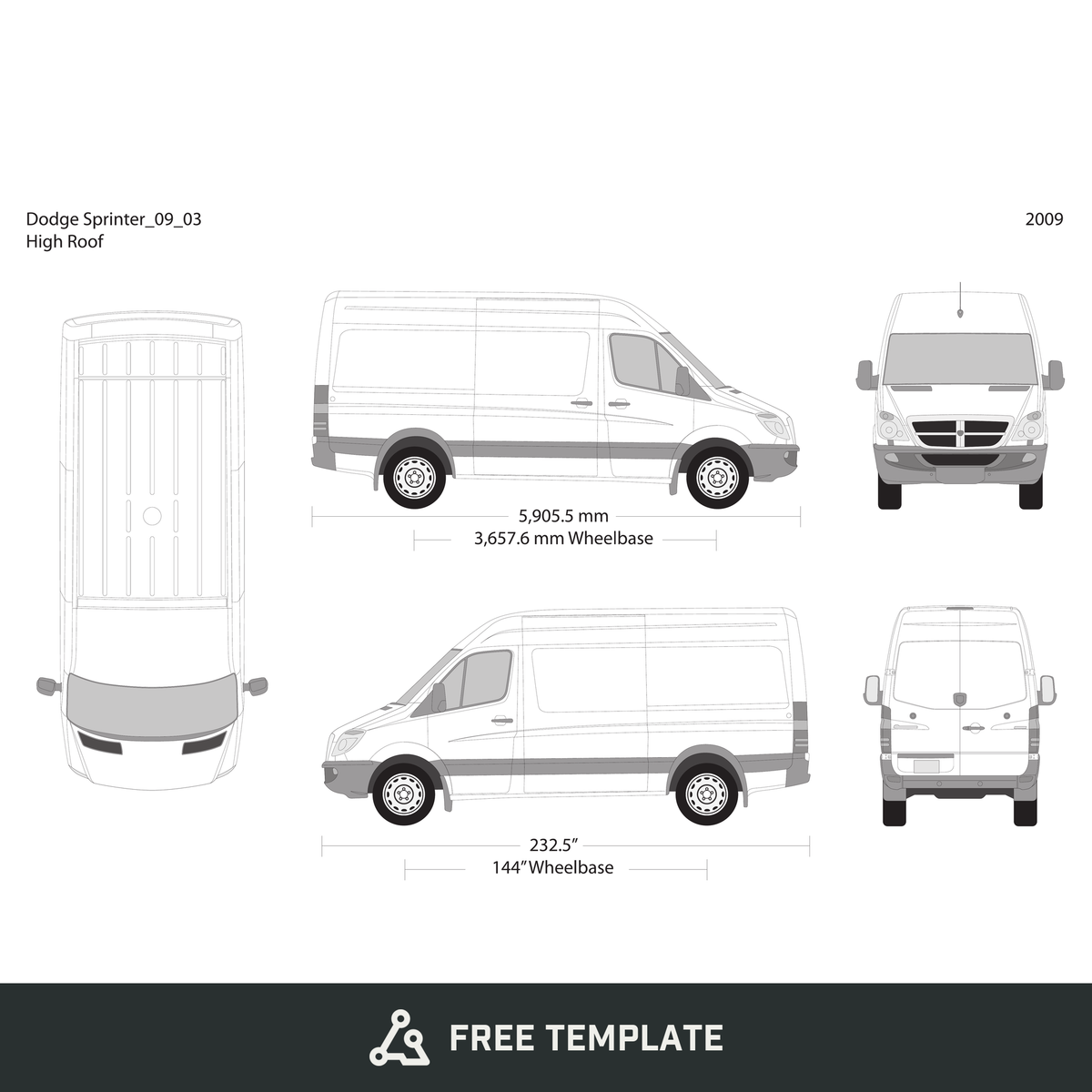 2009 Dodge Sprinter free vector vehicle wrap template - GravBase