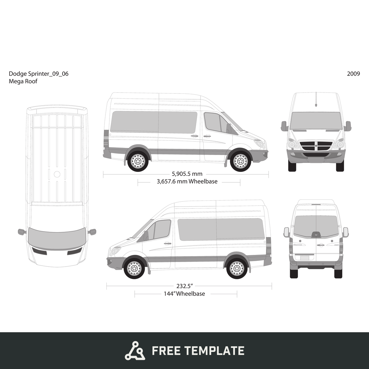 2009 Dodge Sprinter free vector vehicle wrap template - GravBase