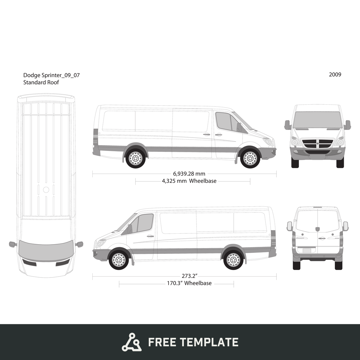 2009 Dodge Sprinter free vector vehicle wrap template - GravBase
