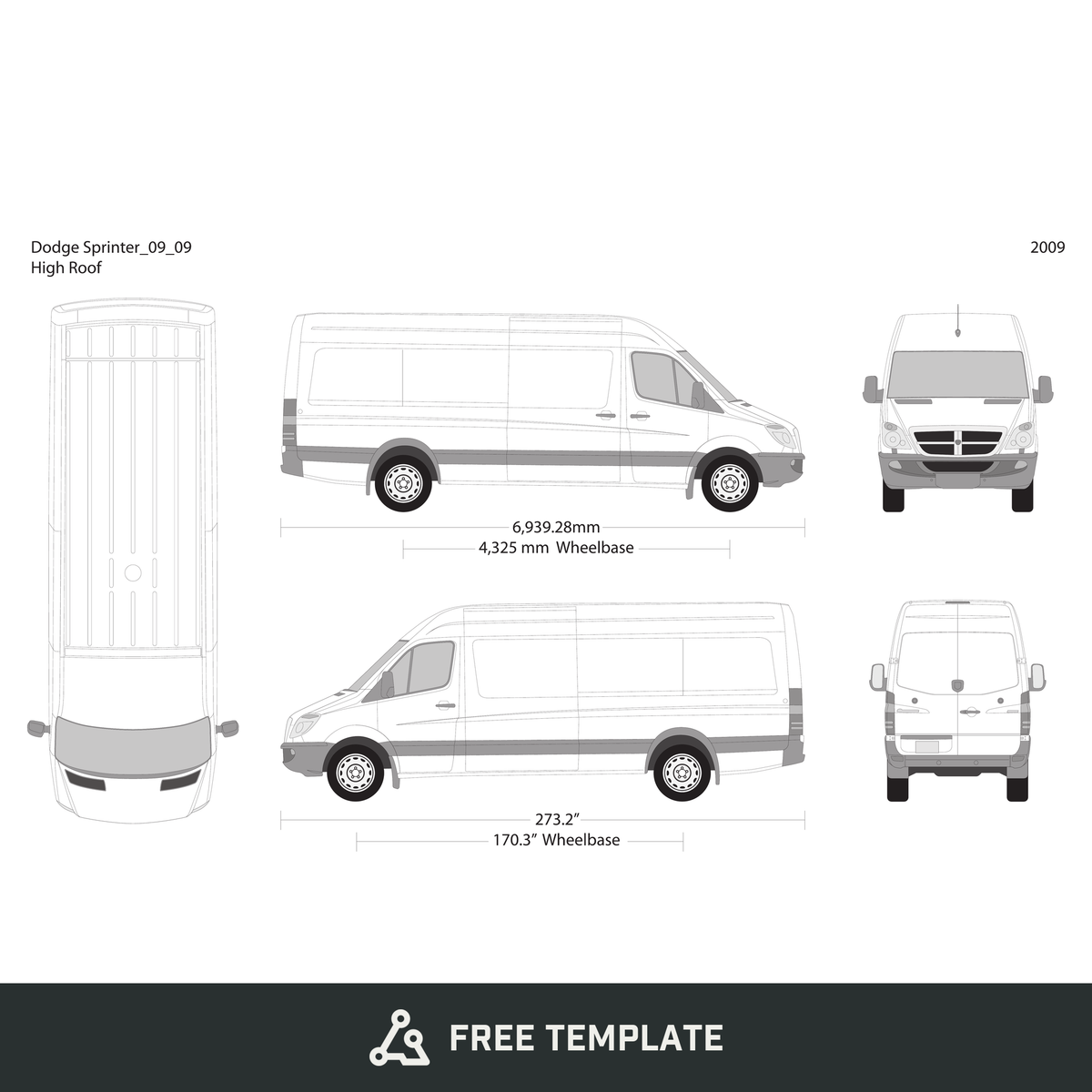 2009 Dodge Sprinter free vector vehicle wrap template - GravBase