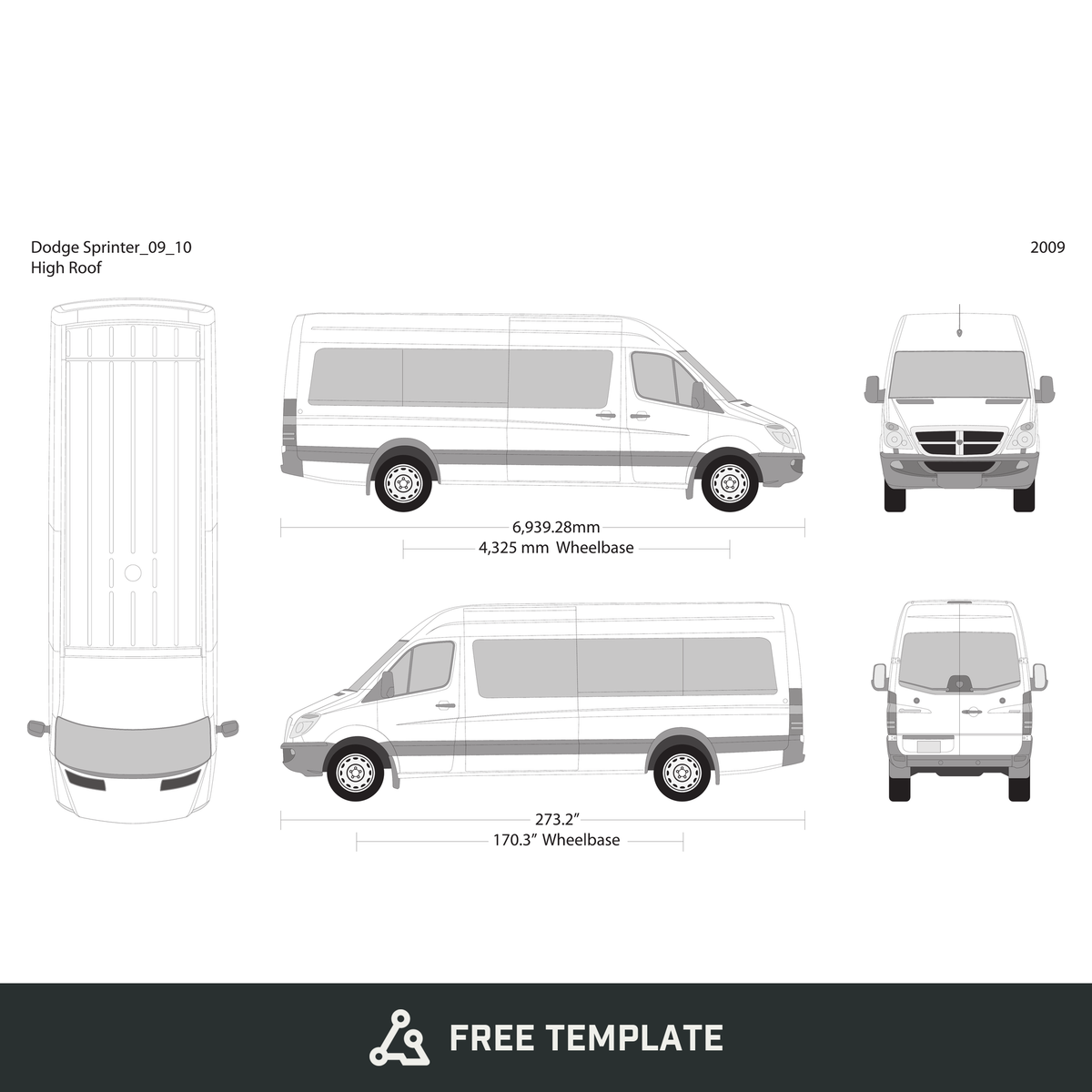 2009 Dodge Sprinter free vector vehicle wrap template - GravBase