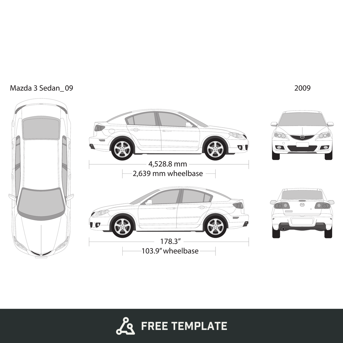 2009 Mazda 3 Sedan free vector vehicle wrap template - GravBase