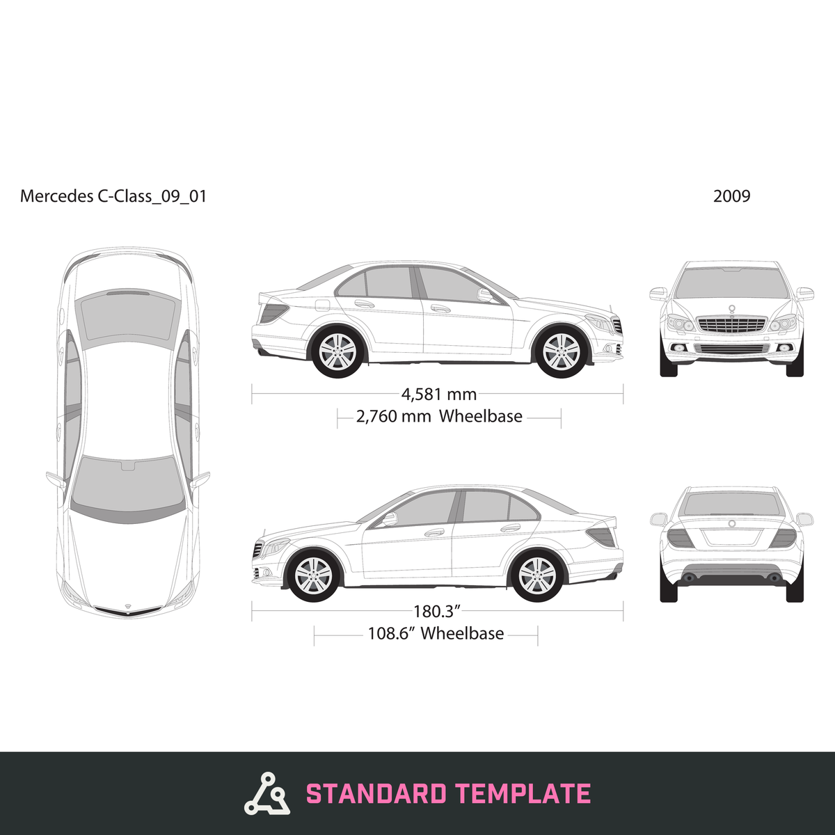 2009 Mercedes C-Class vector wrap template, Design-Ready PDF - GravBase