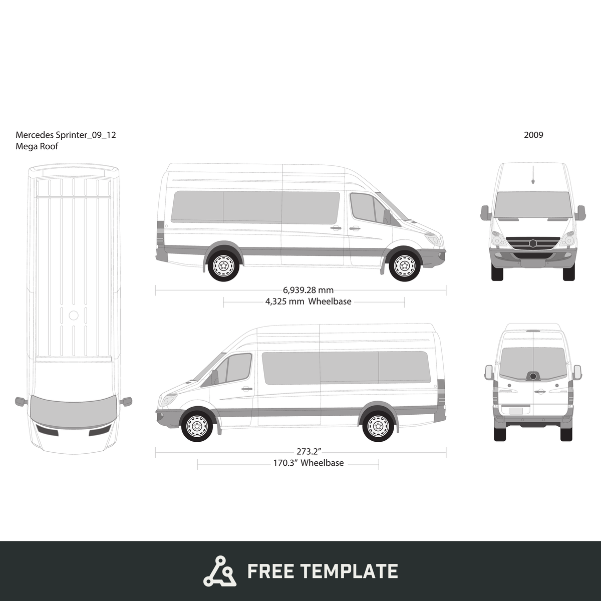 2009 Mercedes Sprinter free vector vehicle wrap template - GravBase