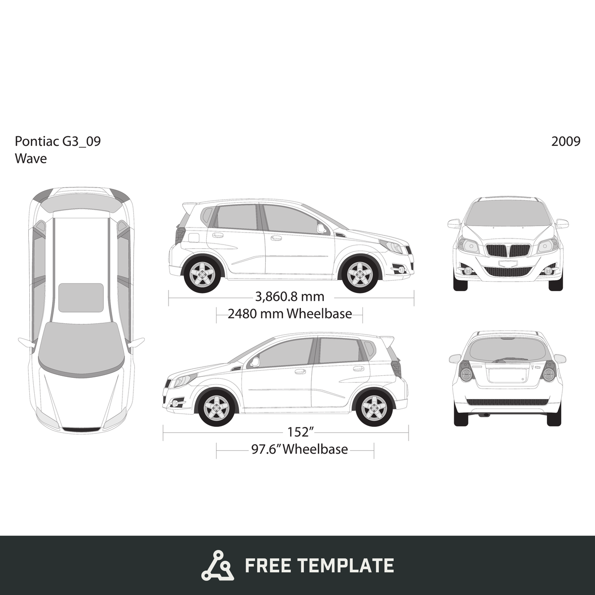 2009 Pontiac G3 Wave free vector vehicle wrap template - GravBase