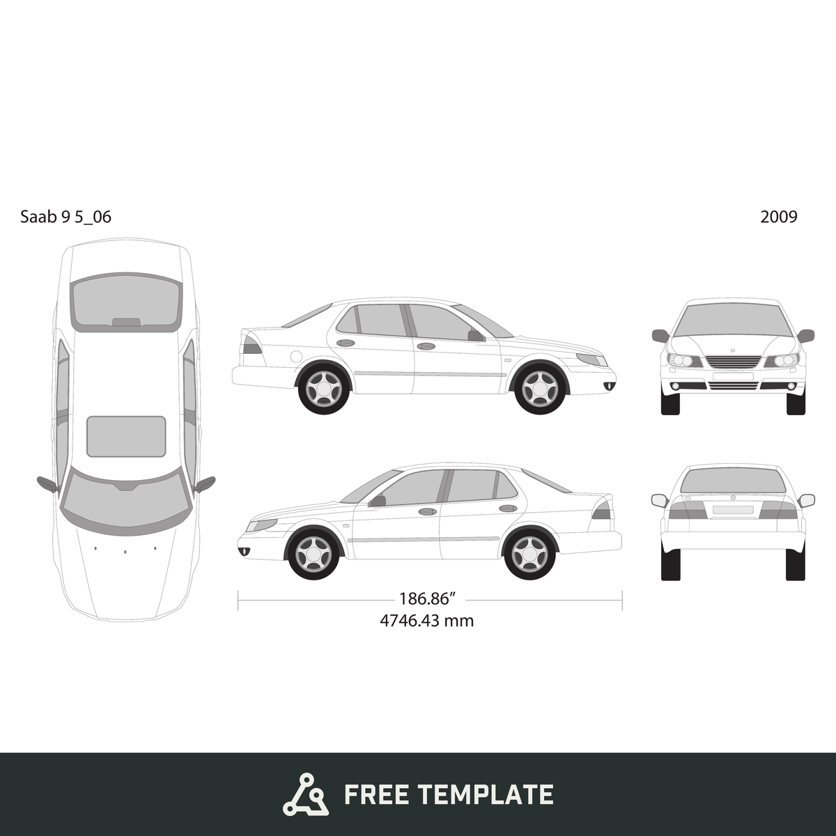 2009 Saab 9 5 free vector vehicle wrap template - GravBase