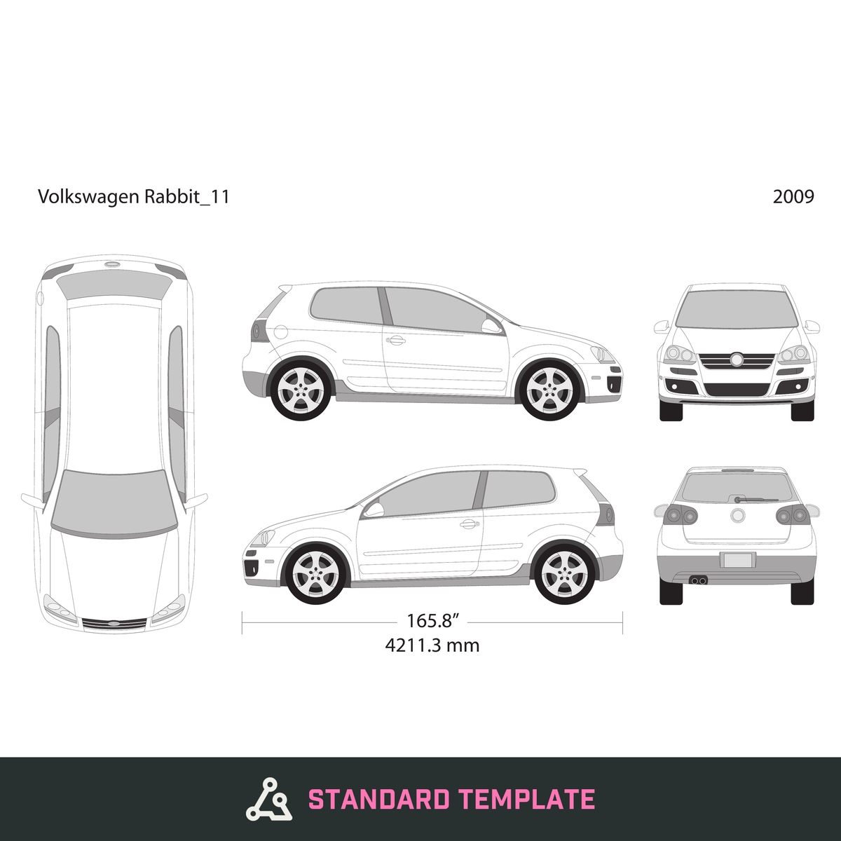 2009 Volkswagen Rabbit vector wrap template V11, Design-Ready PDF - GravBase