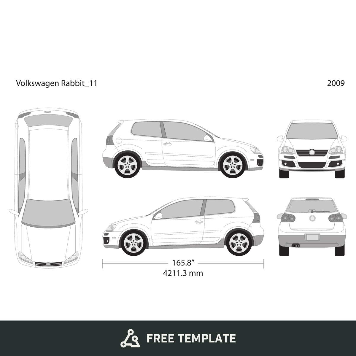 2009 Volkswagen Rabbit free vector vehicle wrap template - GravBase