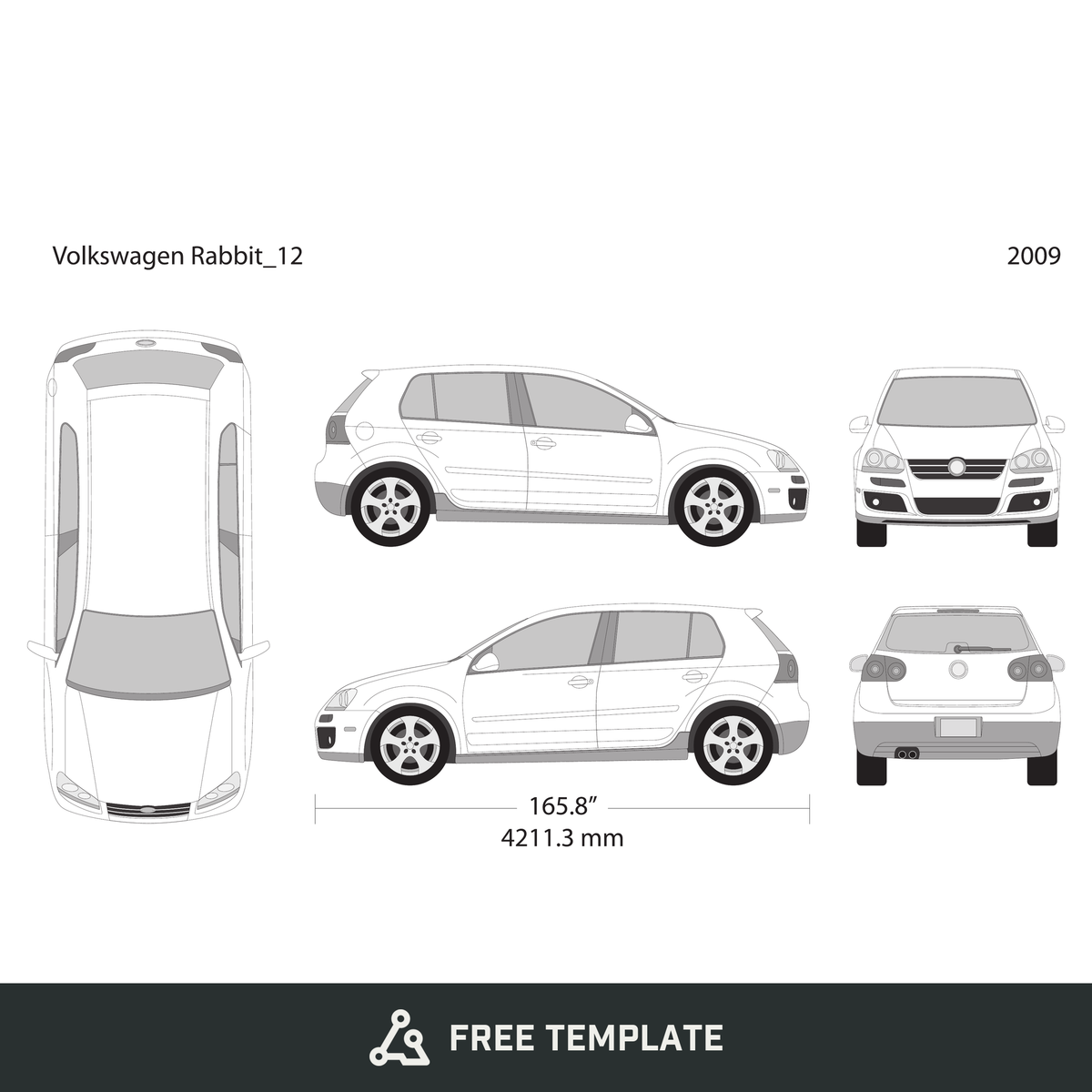 2009 Volkswagen Rabbit free vector vehicle wrap template - GravBase