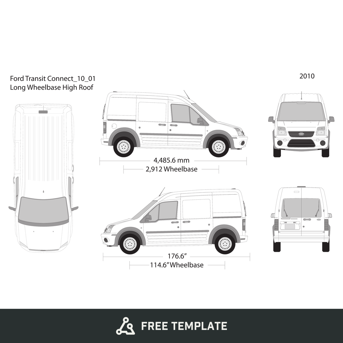 2010 Ford Transit Connect free vector vehicle wrap template - GravBase