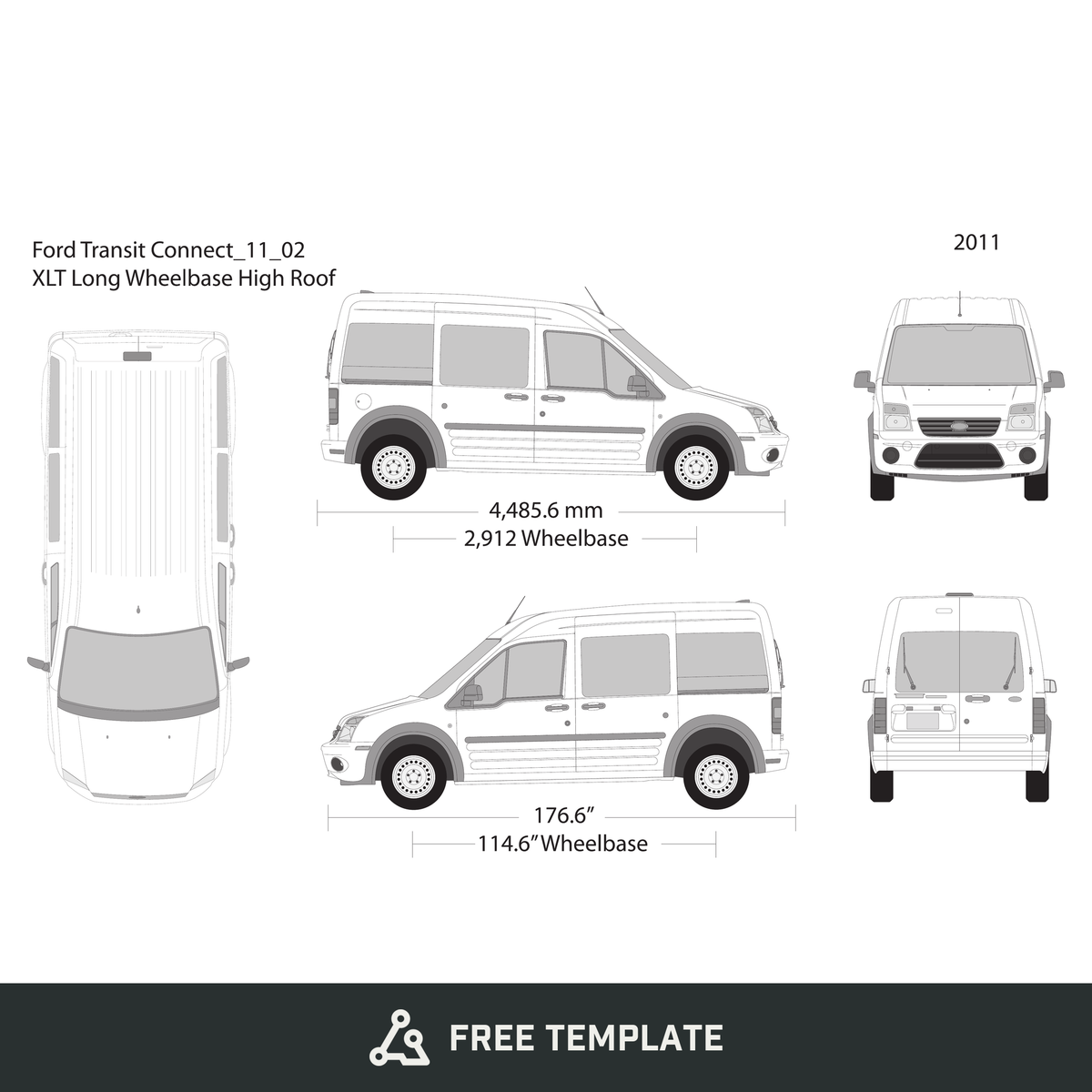 2011 Ford Transit Connect free vector vehicle wrap template - GravBase