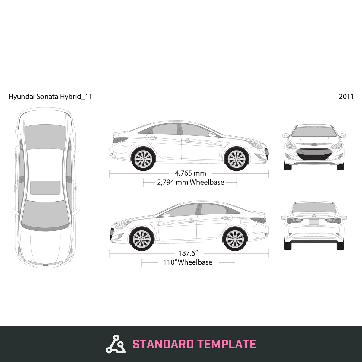2011 Hyundai Sonata Hybrid vector wrap template, Design-Ready PDF - GravBase