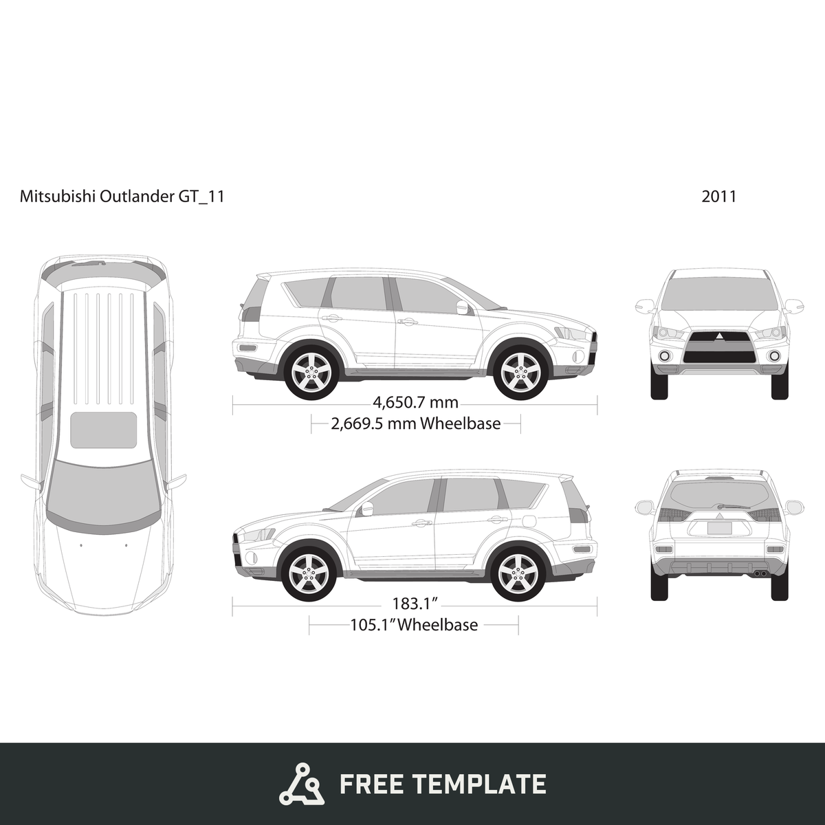2011 Mitsubishi Outlander GT free vector vehicle wrap template - GravBase