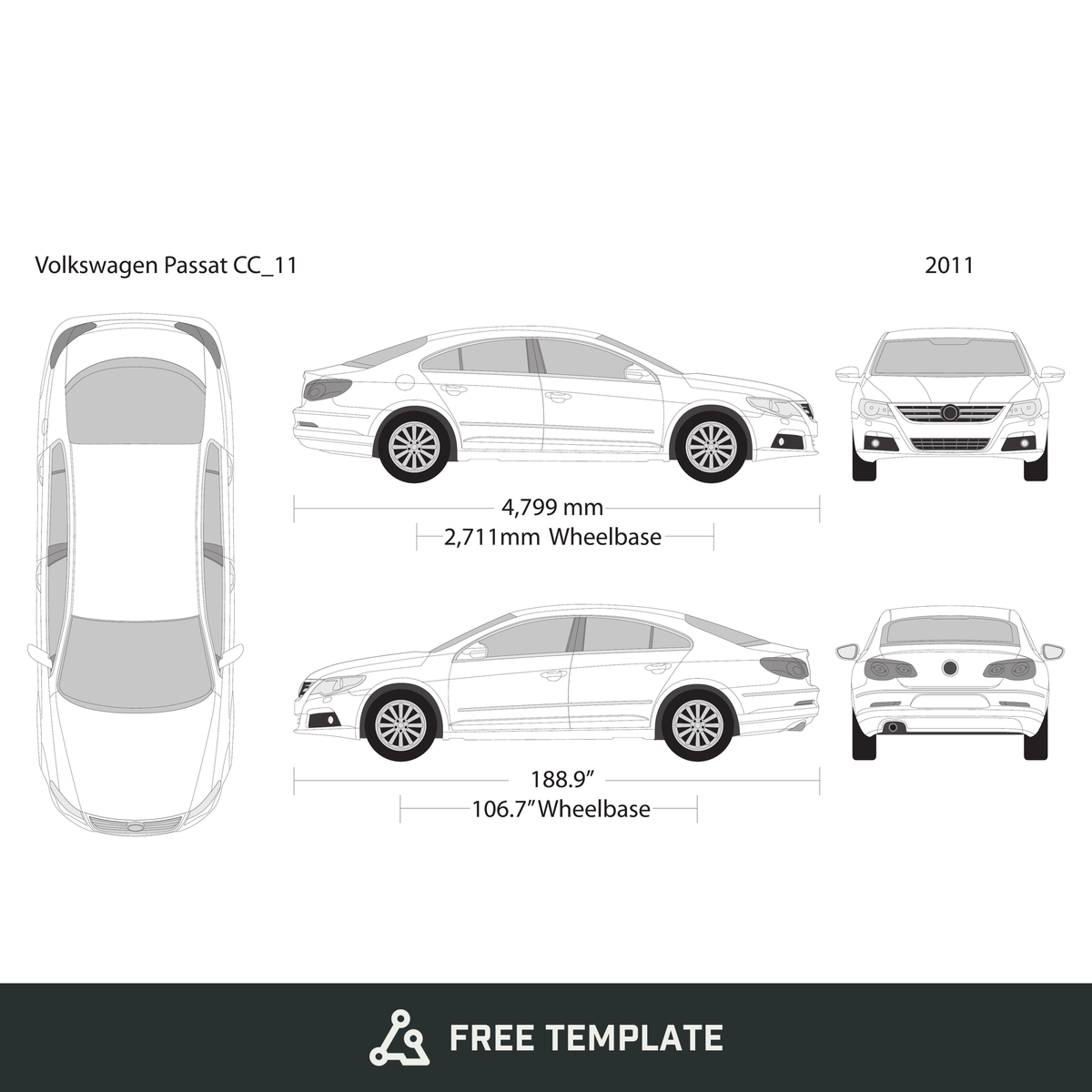 2011 Volkswagen Passat CC free vector vehicle wrap template - GravBase
