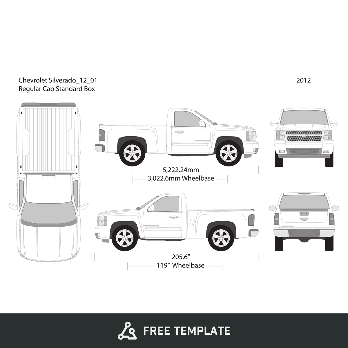 2012 Chevy Silverado 1500 free vector vehicle wrap template - GravBase