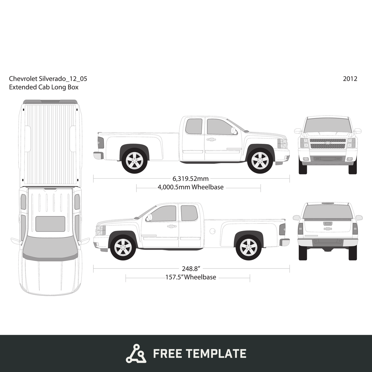 2012 Chevy Silverado 1500 free vector vehicle wrap template - GravBase