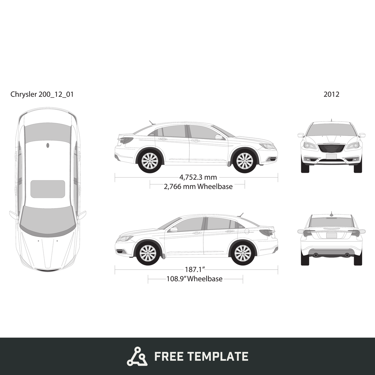 2012 Chrysler 200 free vector vehicle wrap template - GravBase