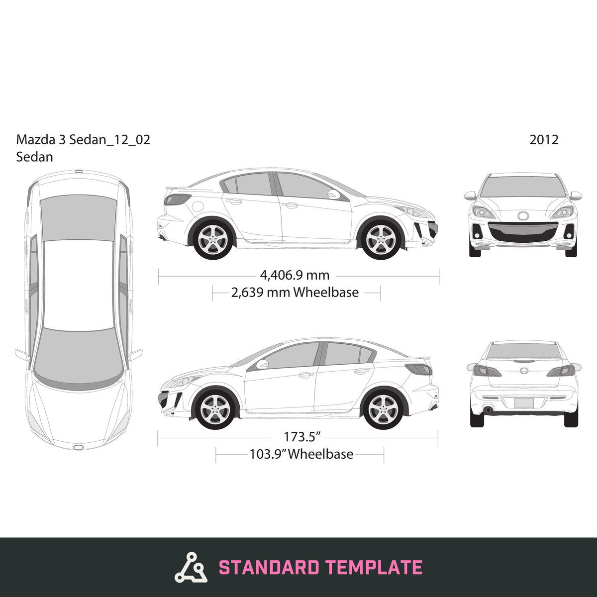 2012 Mazda 3 Sedan vector wrap template, Design-Ready PDF - GravBase