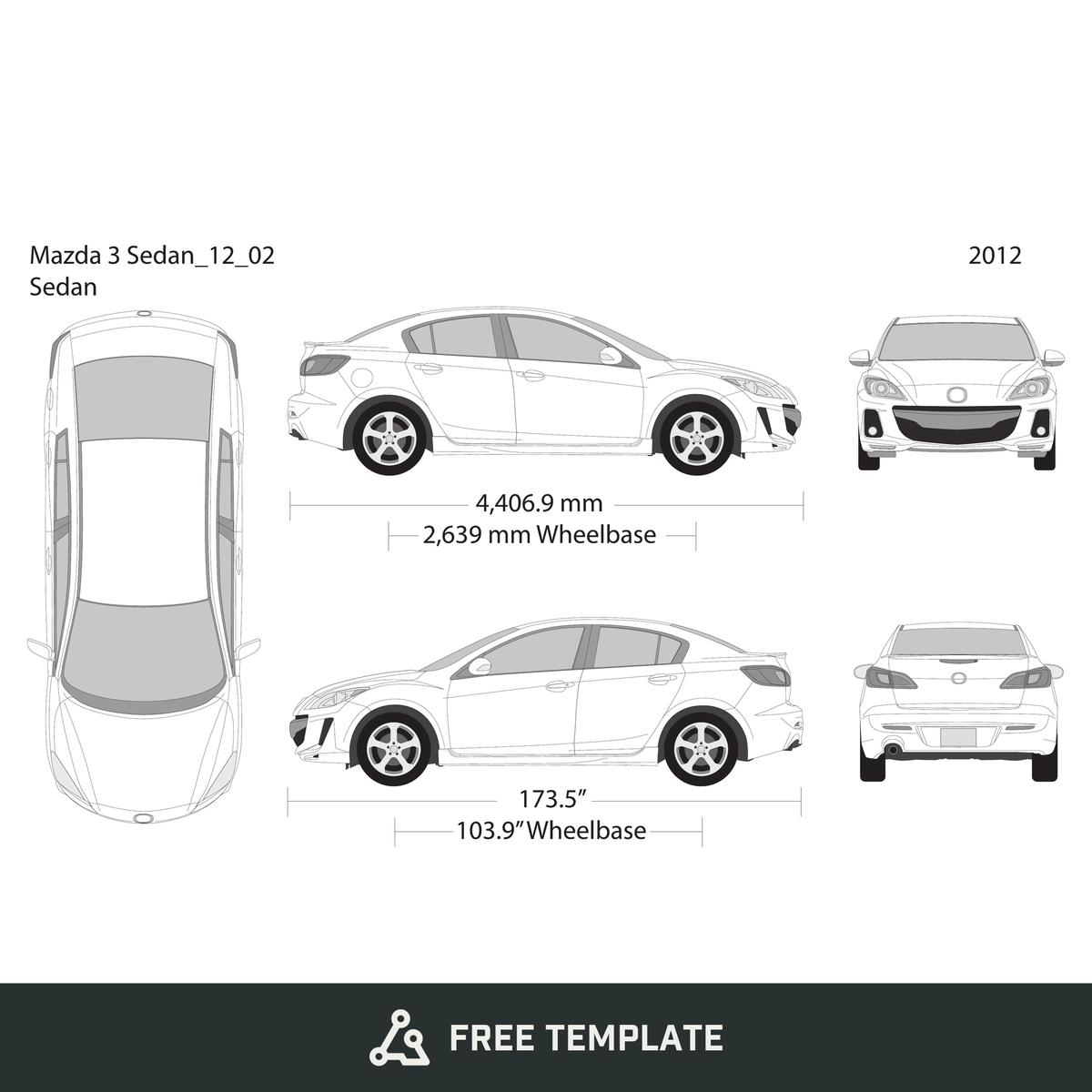 2012 Mazda 3 Sedan free vector vehicle wrap template - GravBase