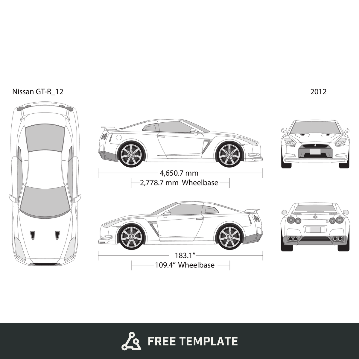 2012 Nissan GT-R free vector vehicle wrap template - GravBase
