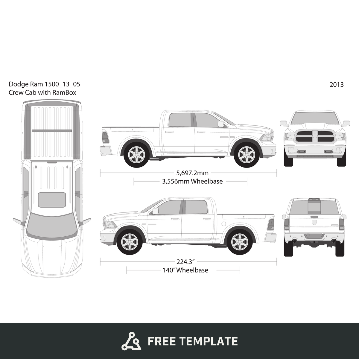 2013 Dodge Ram 1500 free vector vehicle wrap template - GravBase