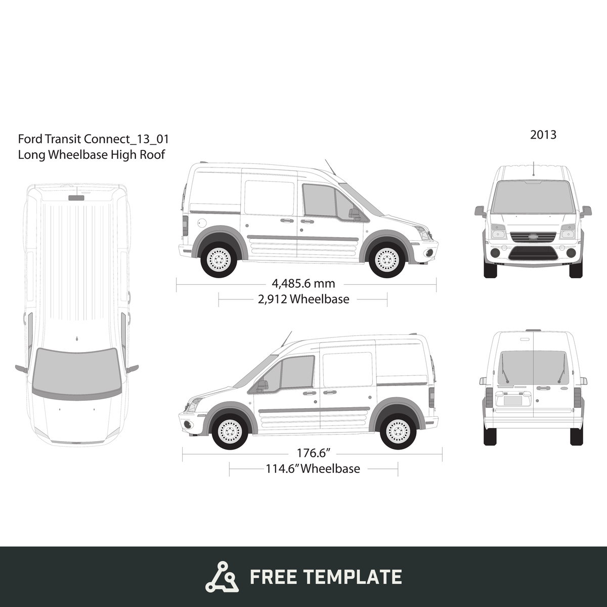 2013 Ford Transit Connect free vector vehicle wrap template - GravBase