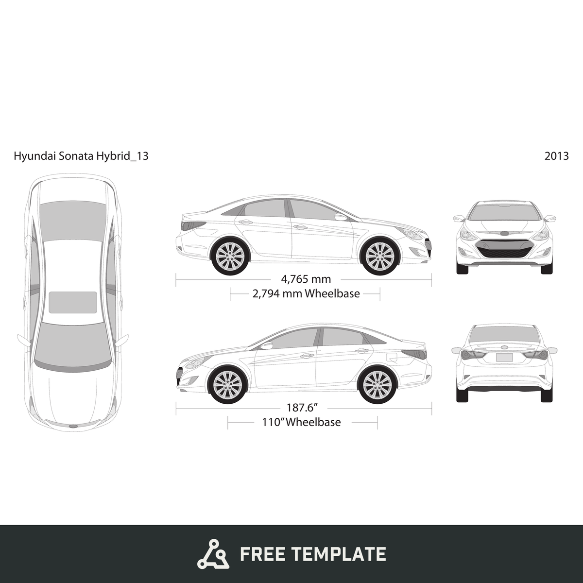 2013 Hyundai Sonata Hybrid free vector vehicle wrap template - GravBase
