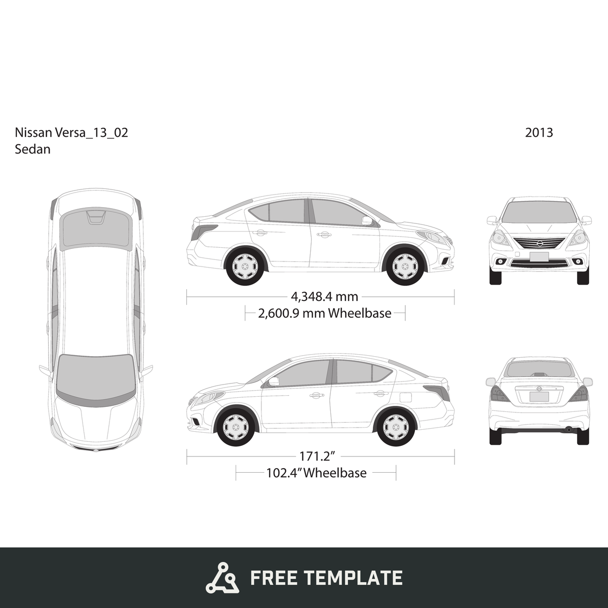 2013 Nissan Versa Sedan free vector vehicle wrap template - GravBase
