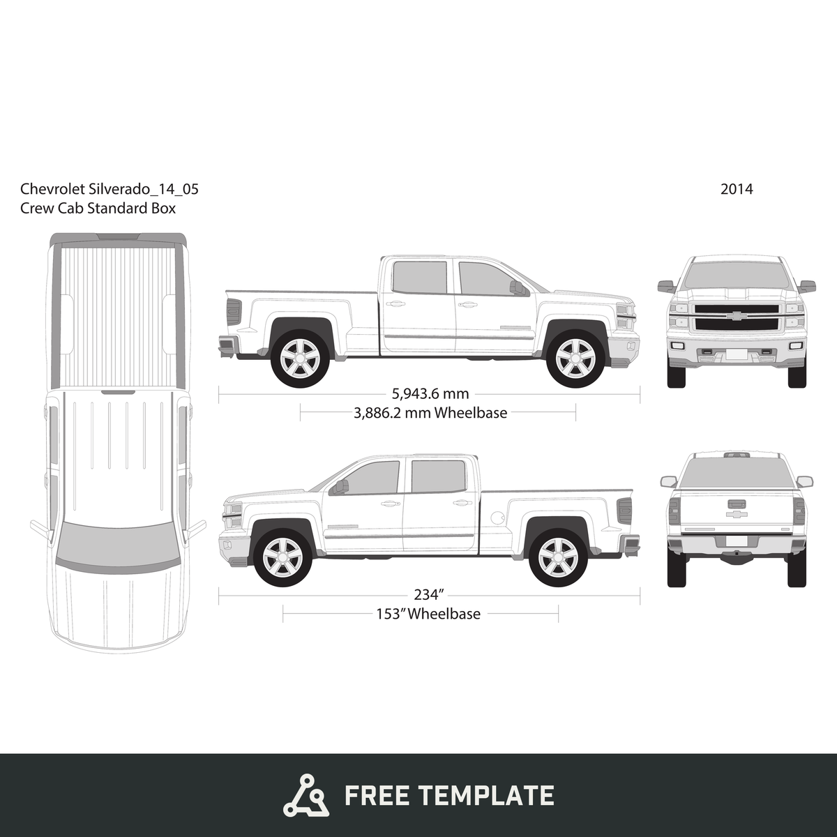 2014 Chevy Silverado 1500 free vector vehicle wrap template - GravBase
