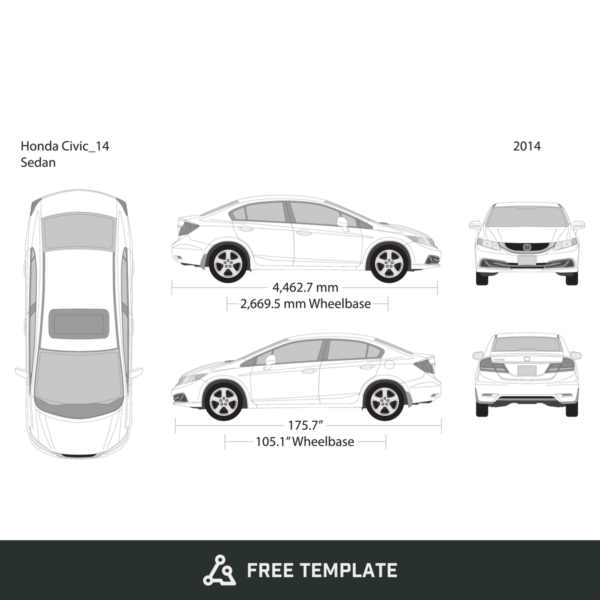 2014 Honda Civic Sedan free vector vehicle wrap template - GravBase