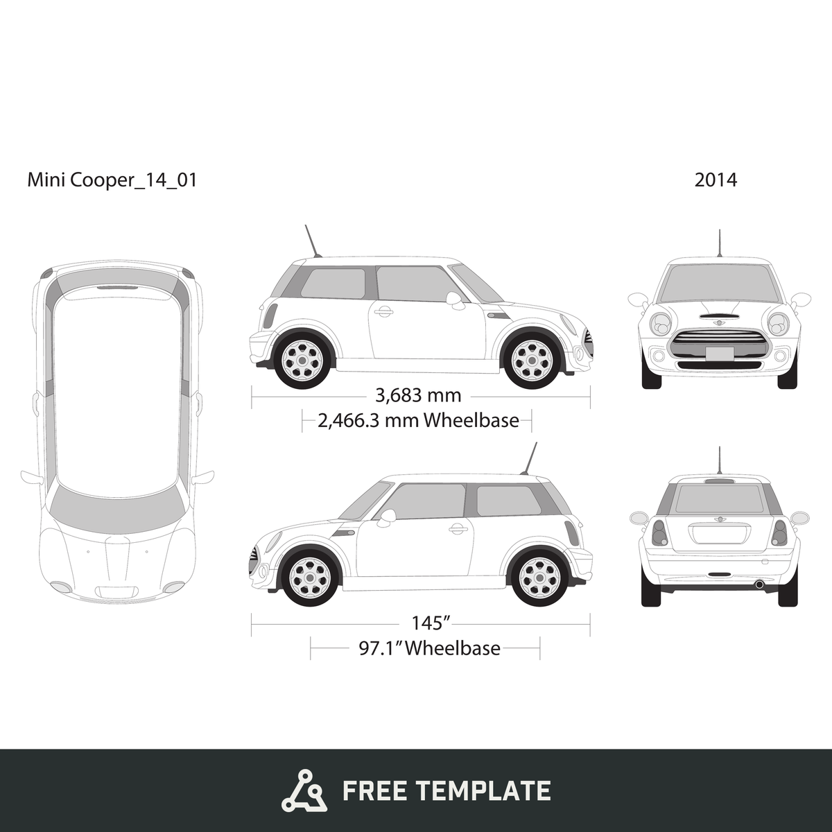 2014 Mini Cooper Mini Hardtop free vector vehicle wrap template - GravBase