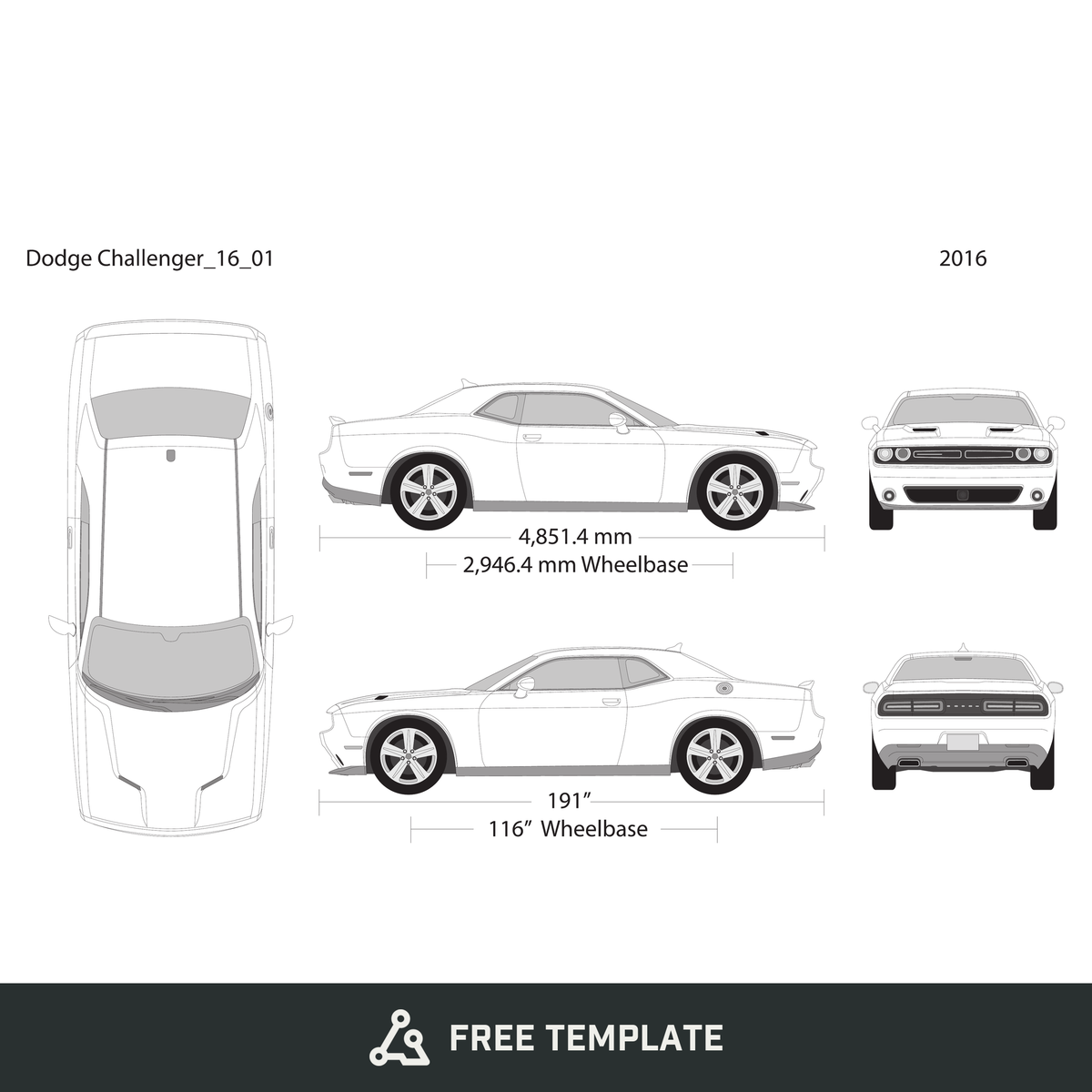 2016 Dodge Challenger free vector vehicle wrap template - GravBase