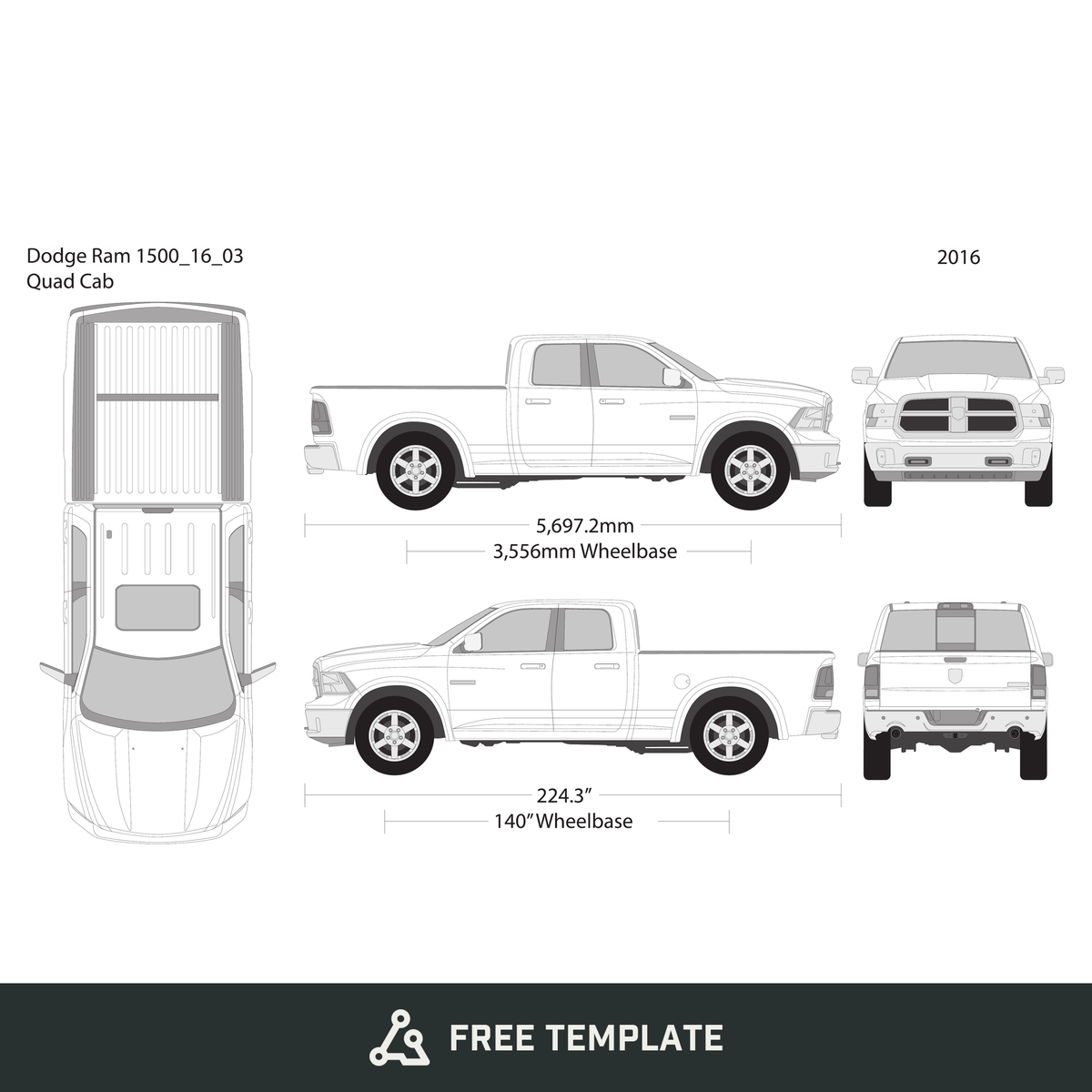 2016 Dodge Ram 1500 free vector vehicle wrap template - GravBase