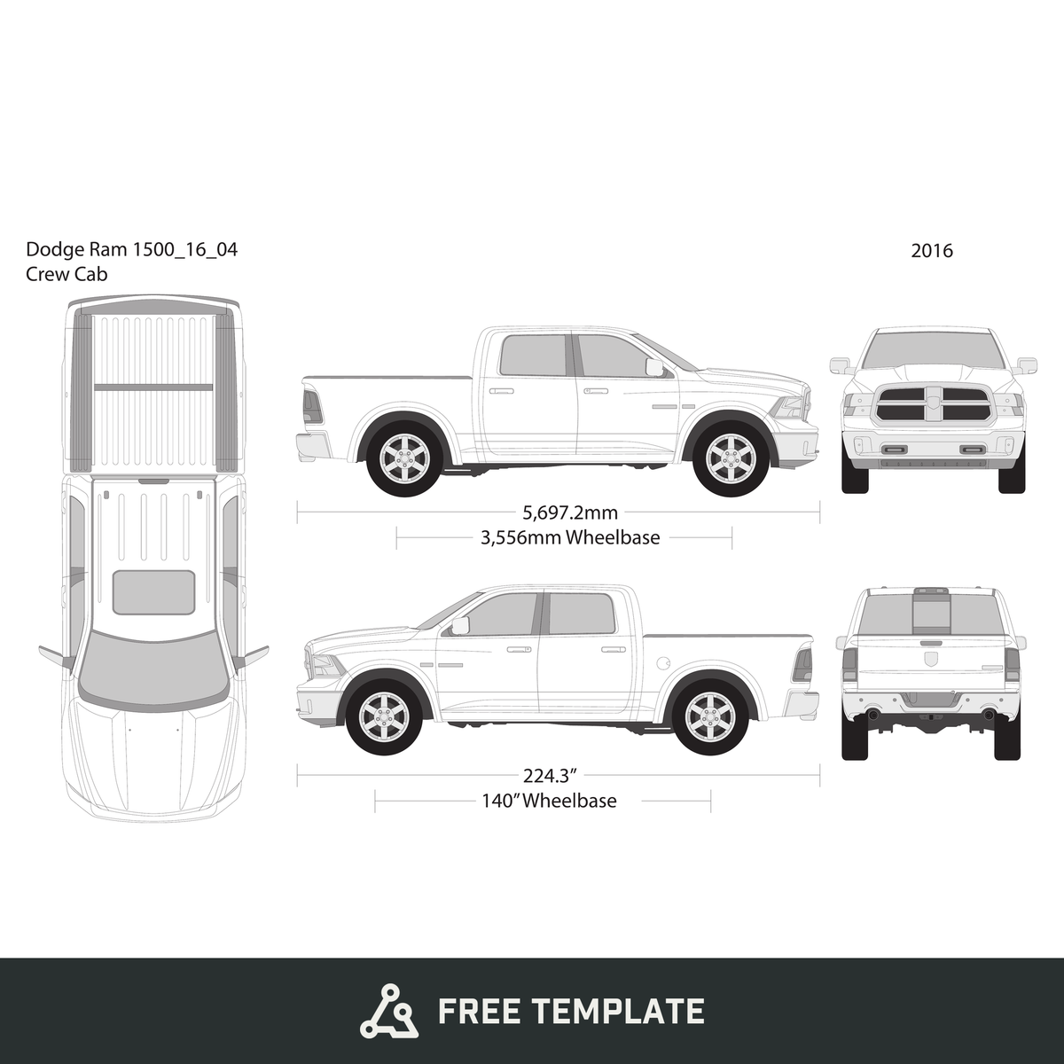 2016 Dodge Ram 1500 free vector vehicle wrap template - GravBase