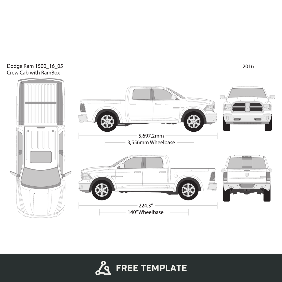 2016 Dodge Ram 1500 free vector vehicle wrap template - GravBase