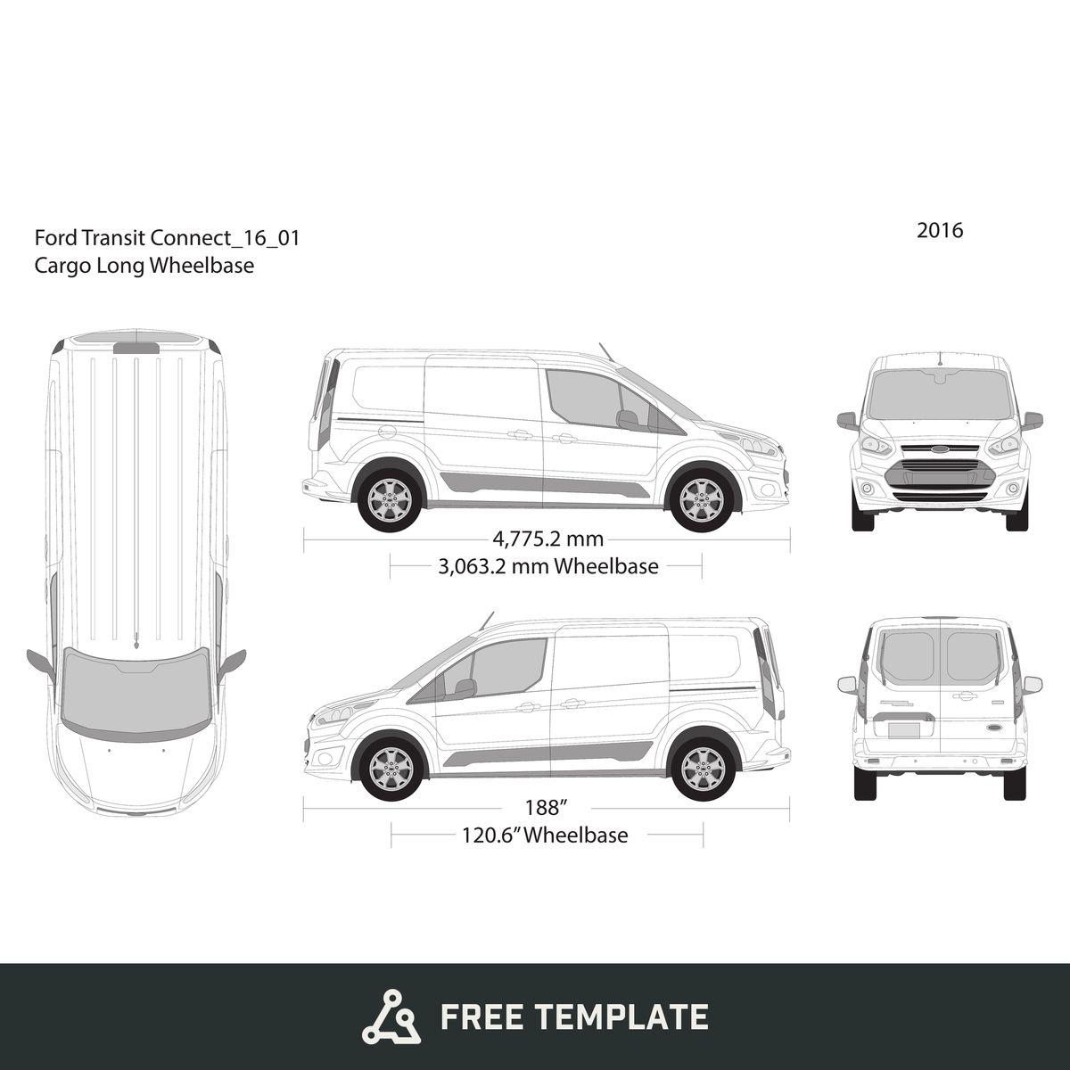 2016 Ford Transit Connect free vector vehicle wrap template - GravBase