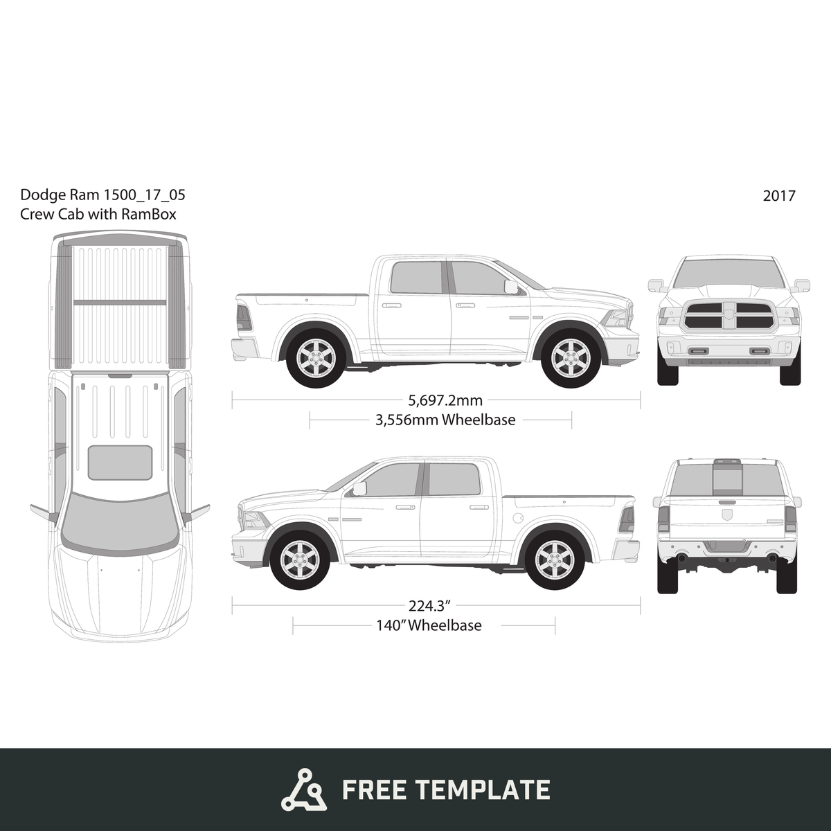 2017 Dodge Ram 1500 free vector vehicle wrap template - GravBase