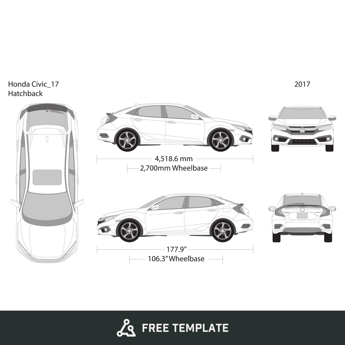 2017 Honda Civic Hatchback free vector vehicle wrap template - GravBase