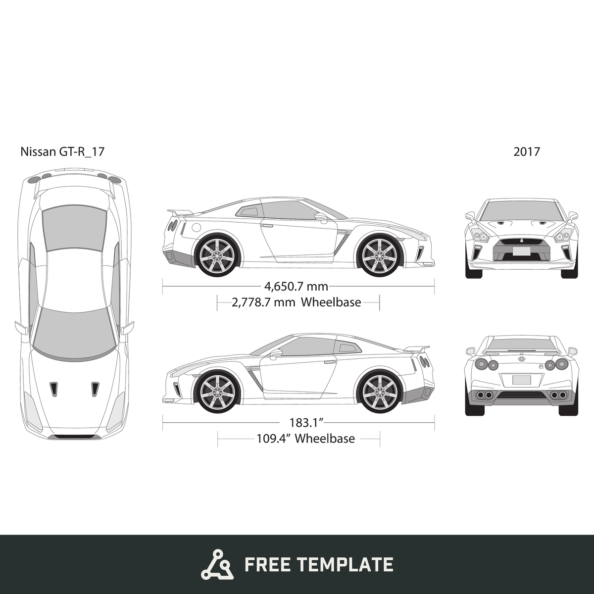 2017 Nissan GT-R free vector vehicle wrap template - GravBase